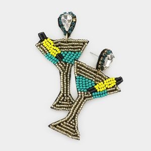 Blue Beaded Martini Cocktail Stone Dangle Earrings